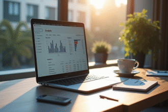 Espace de travail professionnel avec ordinateur affichant des analyses SEO