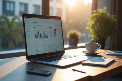 Espace de travail professionnel avec ordinateur affichant des analyses SEO