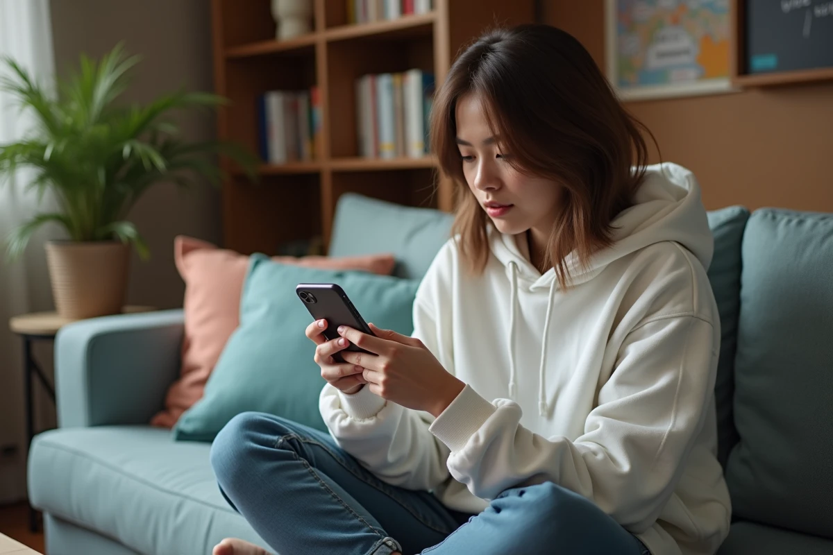 Étudiante consultant le webmail académique sur iPhone depuis son appartement