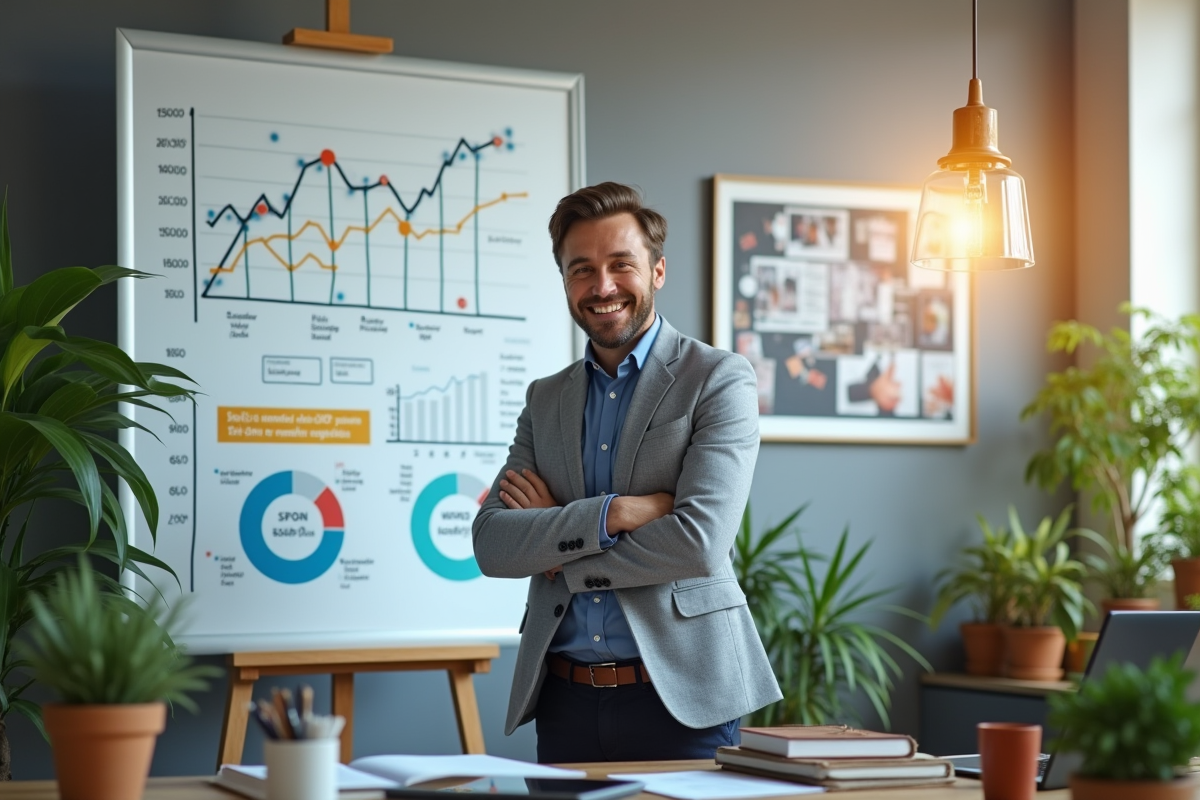 Experte marketing souriante devant tableau de strategies SEO