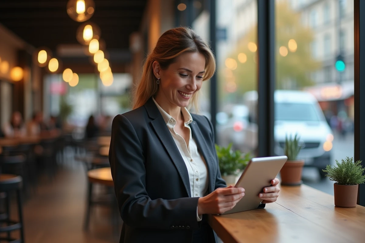 Femme d affaires souriante utilisant une tablette dans un café animé
