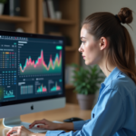 Jeune femme analysant un graphique digital dans un bureau moderne