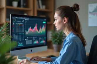 Jeune femme analysant un graphique digital dans un bureau moderne