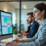 Femme analysant un tableau Excel avec des doublons surlignés sur deux écrans de bureau