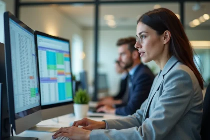 Femme analysant un tableau Excel avec des doublons surlignés sur deux écrans de bureau