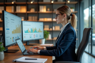 Femme d'affaires analysant des données ecommerce modernes