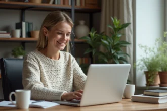 Femme dans son bureau à domicile vérifiant ses emails