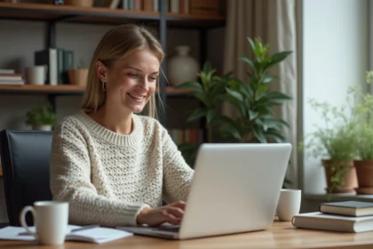 Femme dans son bureau à domicile vérifiant ses emails