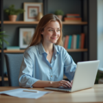 Jeune femme au bureau à domicile travaillant sur son ordinateur