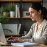 Femme concentrée travaillant sur son ordinateur dans un bureau moderne