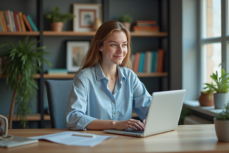 Jeune femme au bureau à domicile travaillant sur son ordinateur