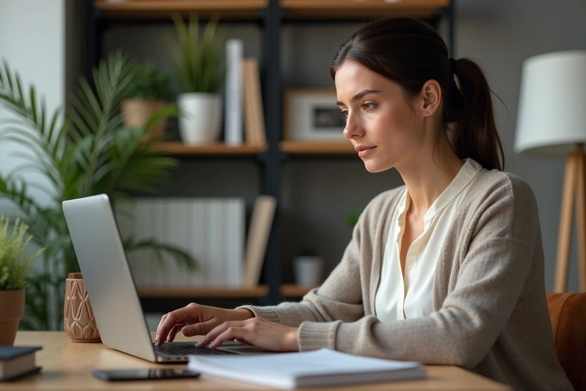 Femme concentrée travaillant sur son ordinateur dans un bureau moderne