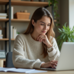 Femme au bureau moderne utilisant un ordinateur portable