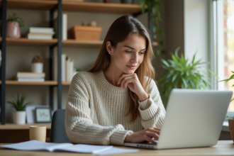 Femme au bureau moderne utilisant un ordinateur portable
