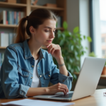 Femme en bureau moderne travaillant sur son ordinateur portable
