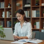 Jeune femme en bureau moderne travaillant sur son ordinateur