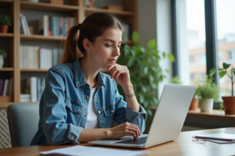 Femme en bureau moderne travaillant sur son ordinateur portable