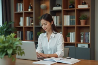 Jeune femme en bureau moderne travaillant sur son ordinateur