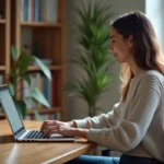 Femme assise à son bureau avec ordinateur portable dans un bureau cosy