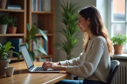 Femme assise à son bureau avec ordinateur portable dans un bureau cosy