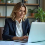 Femme en blazer dans un bureau moderne et organisé