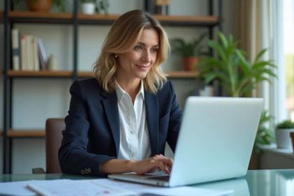 Femme en blazer dans un bureau moderne et organisé