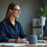 Jeune femme professionnelle parlant à un haut-parleur connecté