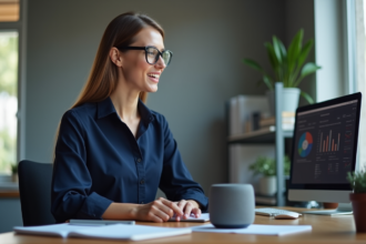 Jeune femme professionnelle parlant à un haut-parleur connecté