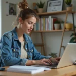 Femme en bureau moderne lisant un webzine sur son ordinateur
