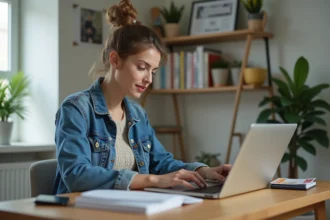 Femme en bureau moderne lisant un webzine sur son ordinateur
