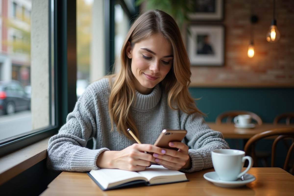 Femme au café regardant son smartphone et prenant des notes