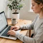 Femme tapant du texte en français sur un ordinateur portable avec Google Docs ouvert à l'écran
