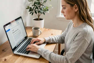 Femme tapant du texte en français sur un ordinateur portable avec Google Docs ouvert à l'écran