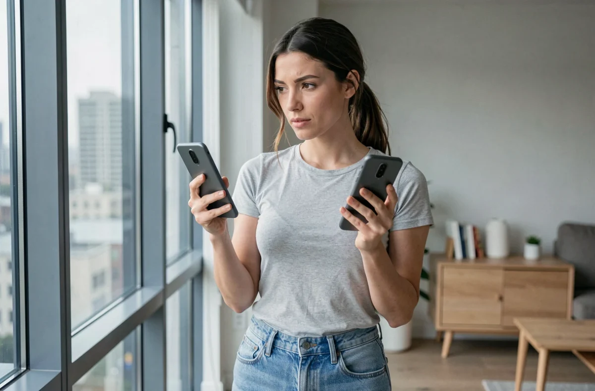 Une femme tient côte à côte deux smartphones Google Pixel 9 Pro pour les comparer près d'une fenêtre dans un appartement moderne