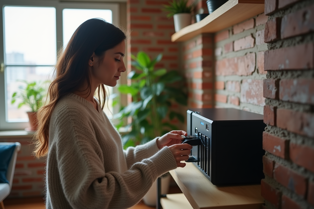 Jeune femme branchant un NAS dans un salon lumineux