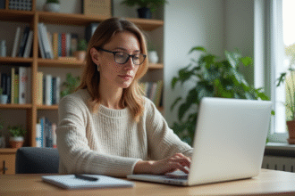 Femme d'âge moyen configure son routeur WiFi à son bureau