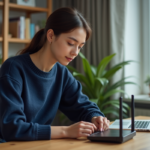 Jeune femme connectant un câble Ethernet à un routeur moderne