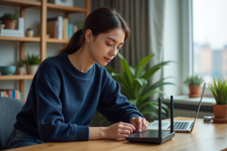 Jeune femme connectant un câble Ethernet à un routeur moderne