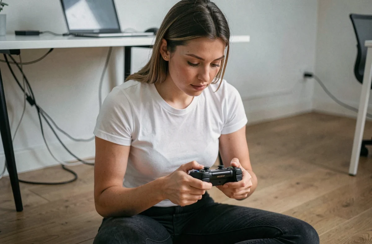 Femme jouant sur une console portable Sony assise sur le sol d'un bureau minimaliste, cables et accessoires de connectivité visibles en arrière-plan