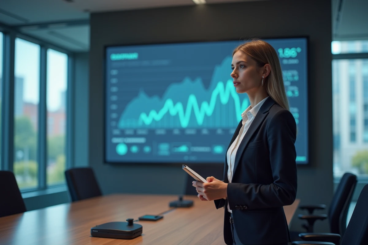 Femme professionnelle analysant un tableau de bord numérique