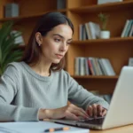 Femme concentrée devant un document Word ouvert sur un ordinateur portable, affichant une page blanche en trop en fin de document