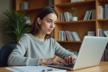 Femme concentrée devant un document Word ouvert sur un ordinateur portable, affichant une page blanche en trop en fin de document