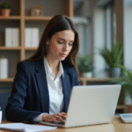 Jeune femme en bureau en train de chiffrer un document numérique