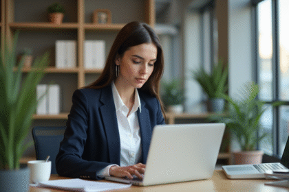Jeune femme en bureau en train de chiffrer un document numérique