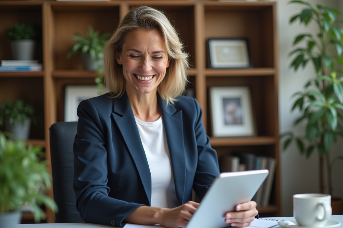 Femme entrepreneure souriante utilisant une tablette à domicile