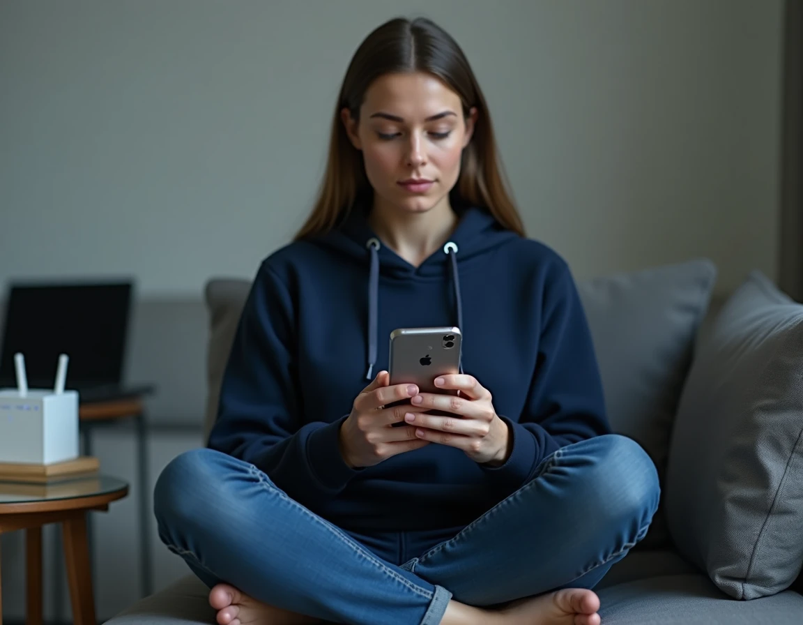 Femme assise sur un canapé tentant d'accéder à l'adresse 192.168.1.1 sur son iPhone avec un message d'erreur affiché