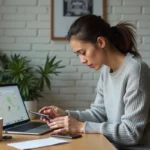 Femme cherchant son iPhone éteint posé sur un bureau avec un MacBook affichant Apple Plans en arrière-plan