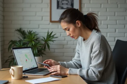 Femme cherchant son iPhone éteint posé sur un bureau avec un MacBook affichant Apple Plans en arrière-plan