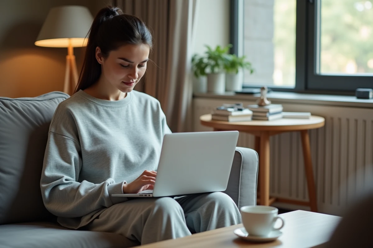 Femme détendue utilisant un ordinateur portable dans un salon cosy