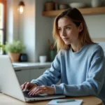 Femme en sweater bleu utilisant son ordinateur dans la cuisine